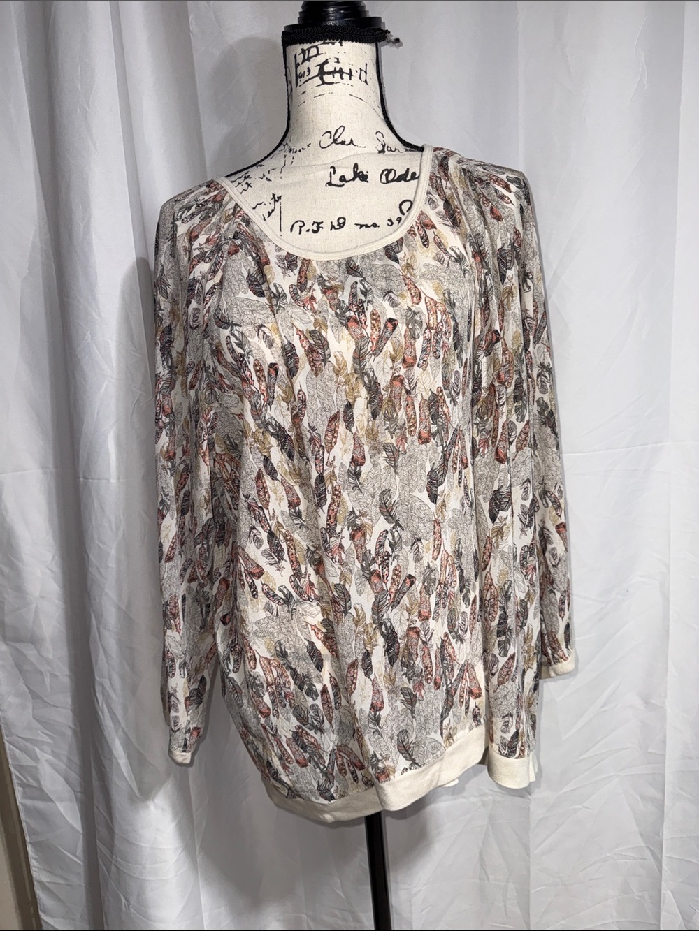 American Rag Feather-Print Cream Long Sleeve Pullover